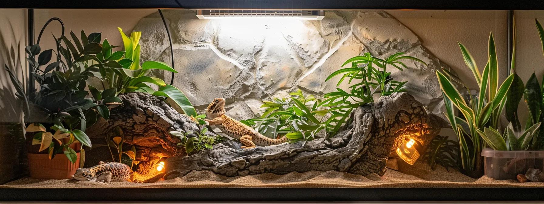 a well-lit, modern reptile setup featuring a bearded dragon basking under a high-intensity uvb t5 bulb on one side, with a leopard gecko comfortably resting in a shaded area lit by a low-uvi bulb on the other, showcasing the contrast in uvb lighting needs for different reptile species. a well-lit, modern reptile setup featuring a bearded dragon basking under a high-intensity uvb t5 bulb on one side, with a leopard gecko comfortably resting in a shaded area lit by a low-uvi bulb on the other, showcasing the contrast in uvb lighting needs for different reptile species.
