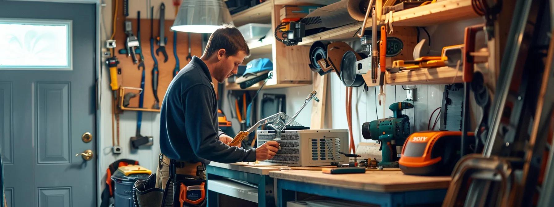 a well-equipped home maintenance workspace showcases a technician examining an air conditioning unit, illuminated by bright overhead lights, with various diagnostic tools and equipment strategically placed for an efficient repair process.