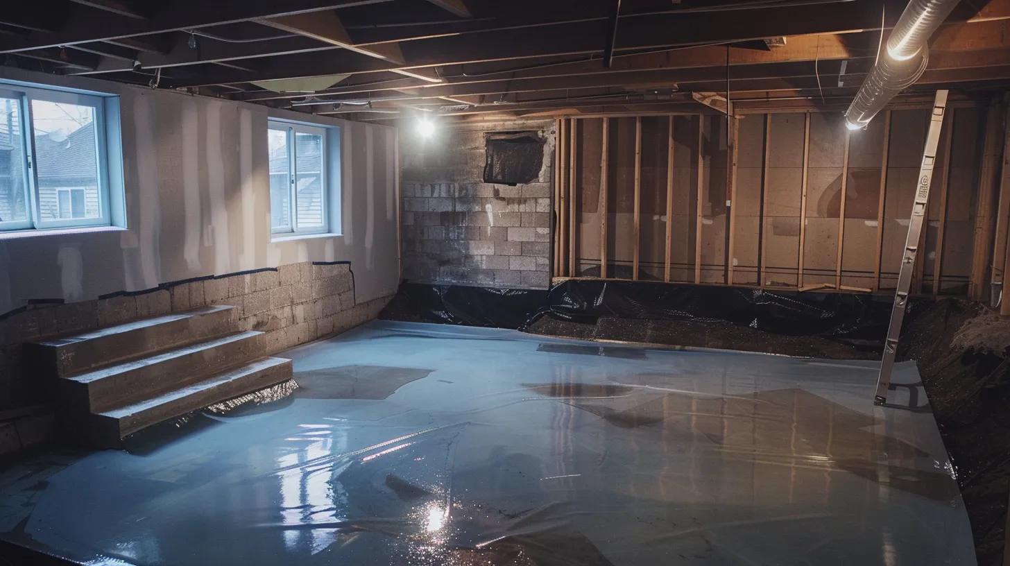 a well-lit basement showcases a professional waterproofing process, featuring exposed concrete walls as contractors efficiently apply waterproof membranes and install a french drain, ensuring optimal protection against pittsburgh's weather challenges. a well-lit basement showcases a professional waterproofing process, featuring exposed concrete walls as contractors efficiently apply waterproof membranes and install a french drain, ensuring optimal protection against pittsburgh's weather challenges.