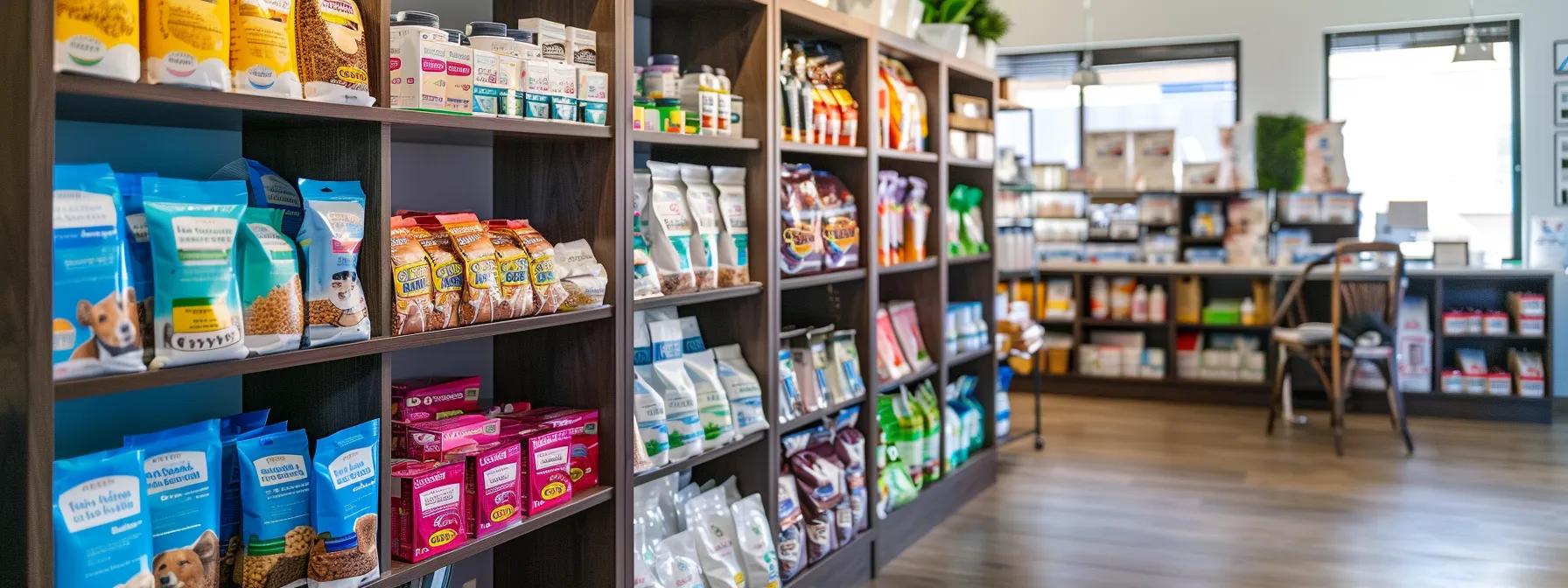 a well-organized veterinary office showcases a colorful array of dog food packages prominently displayed on a sleek shelf, highlighting clear ingredient labels and allergen information, with a knowledgeable vet consulting with a concerned pet owner in a warm, modern atmosphere. a well-organized veterinary office showcases a colorful array of dog food packages prominently displayed on a sleek shelf, highlighting clear ingredient labels and allergen information, with a knowledgeable vet consulting with a concerned pet owner in a warm, modern atmosphere.