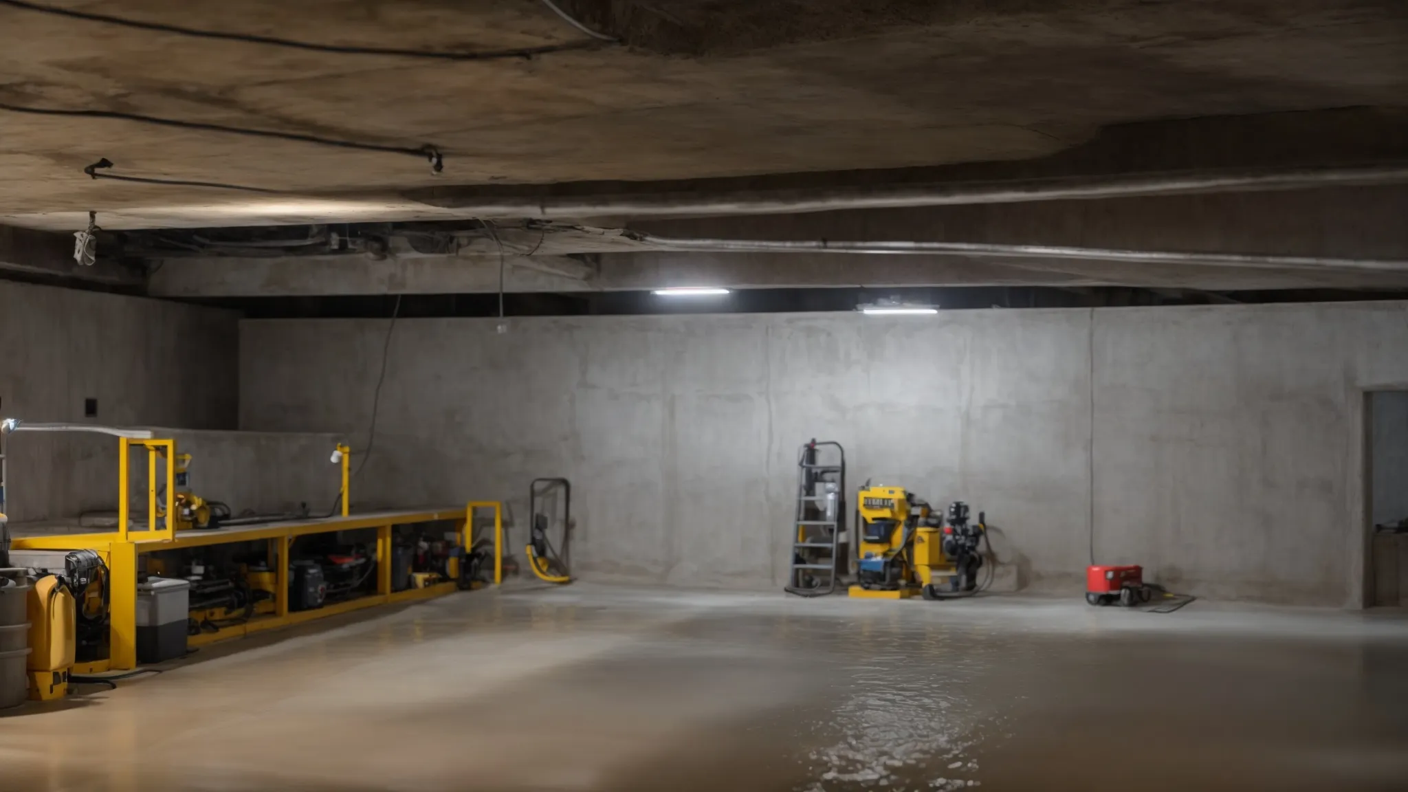a well-lit basement showcases the waterproofing process with exposed concrete walls, where a contractor meticulously seals cracks with hydraulic cement while another installs a french drain, emphasizing the importance of professional solutions in preventing water damage. a well-lit basement showcases the waterproofing process with exposed concrete walls, where a contractor meticulously seals cracks with hydraulic cement while another installs a french drain, emphasizing the importance of professional solutions in preventing water damage.