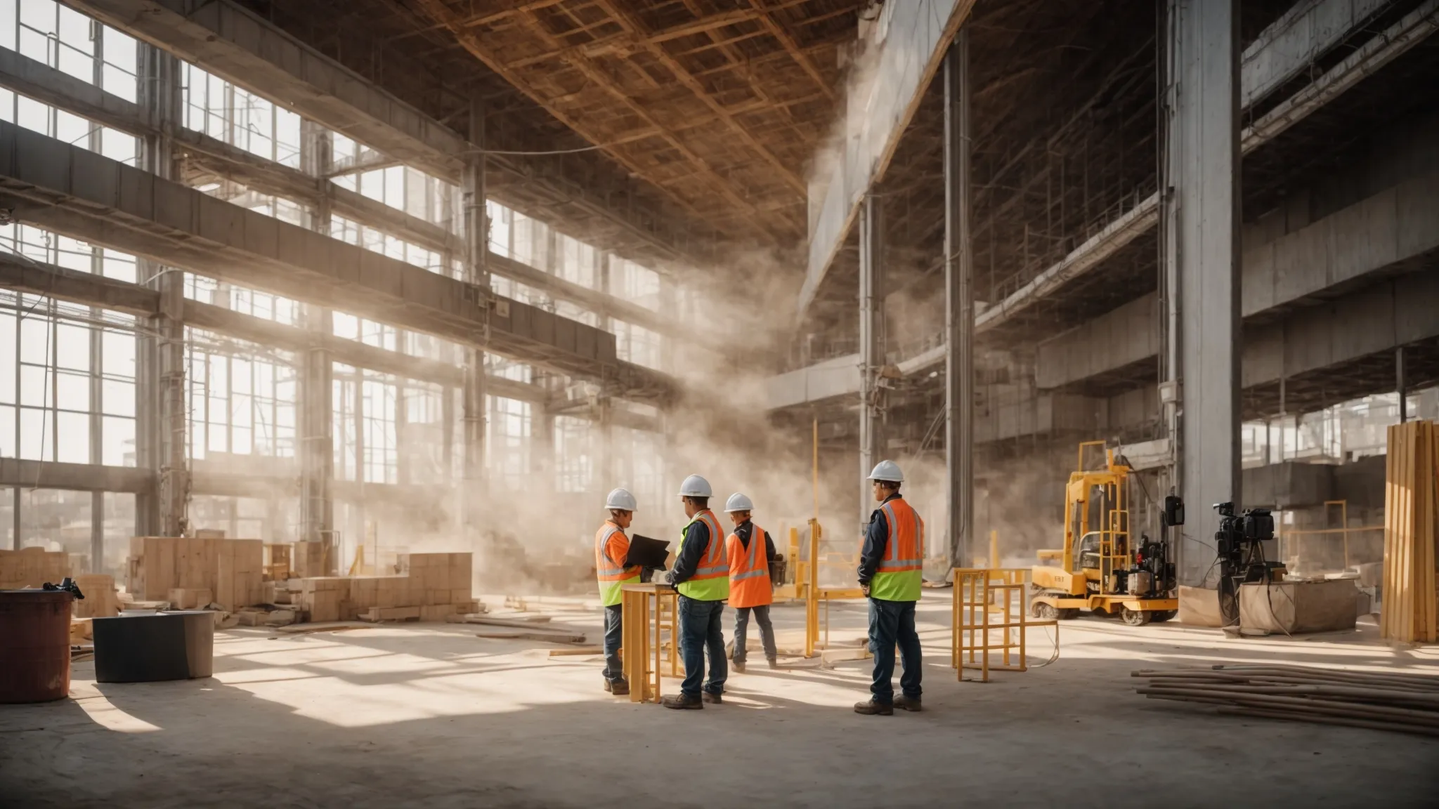 a well-organized construction site showcases a vivid scene of general contractors collaboratively reviewing plans and budget projections under bright natural light, emphasizing the strategic and efficient management of resources. a well-organized construction site showcases a vivid scene of general contractors collaboratively reviewing plans and budget projections under bright natural light, emphasizing the strategic and efficient management of resources.