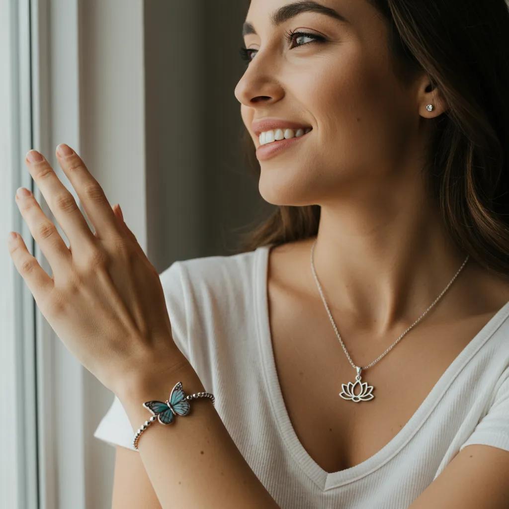 A woman wearing a lotus flower pendant and butterfly bracelet, representing empowerment and new beginnings