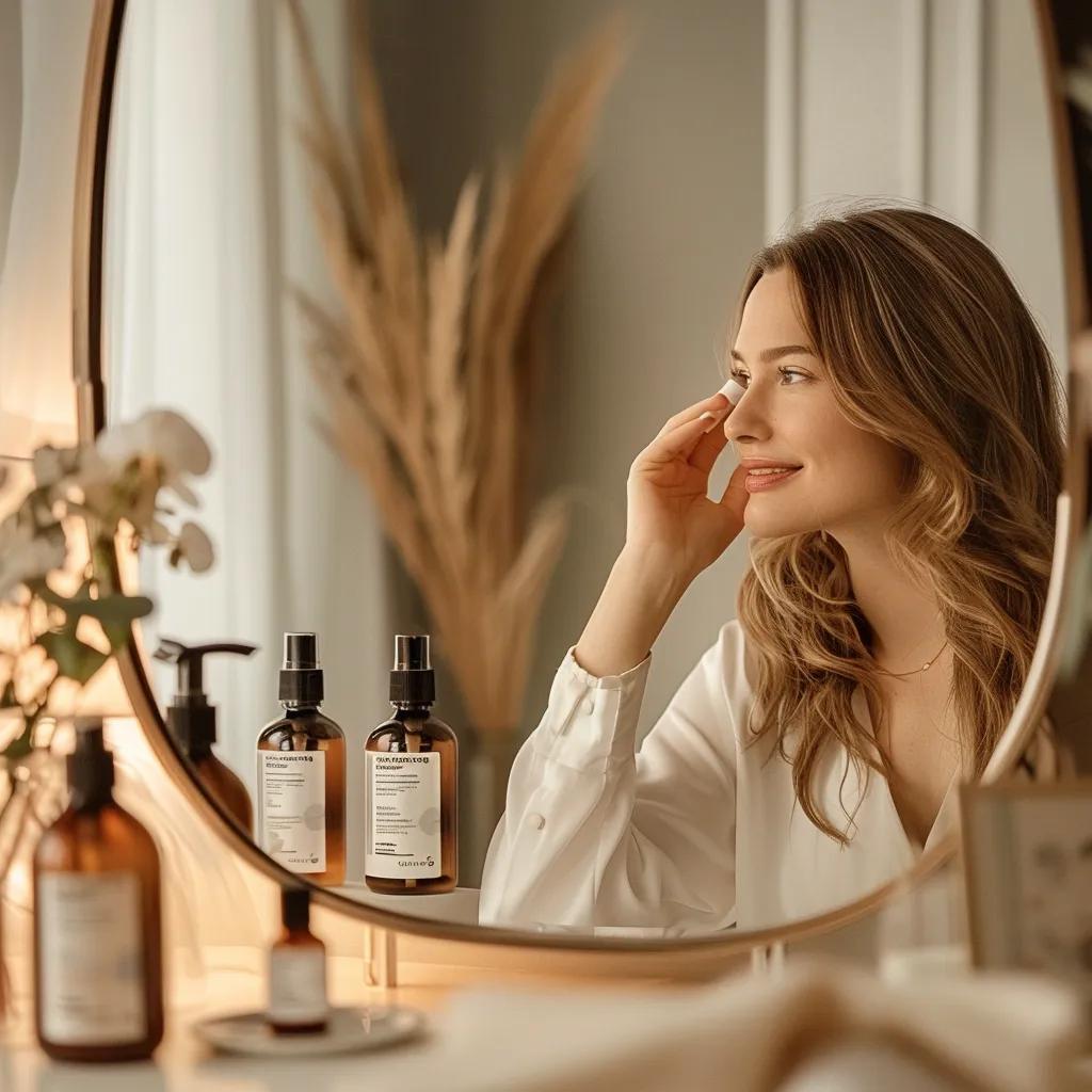 Woman with thin hair applying Destelayr volumizing spray in a stylish bedroom, showcasing confidence and hair care routine