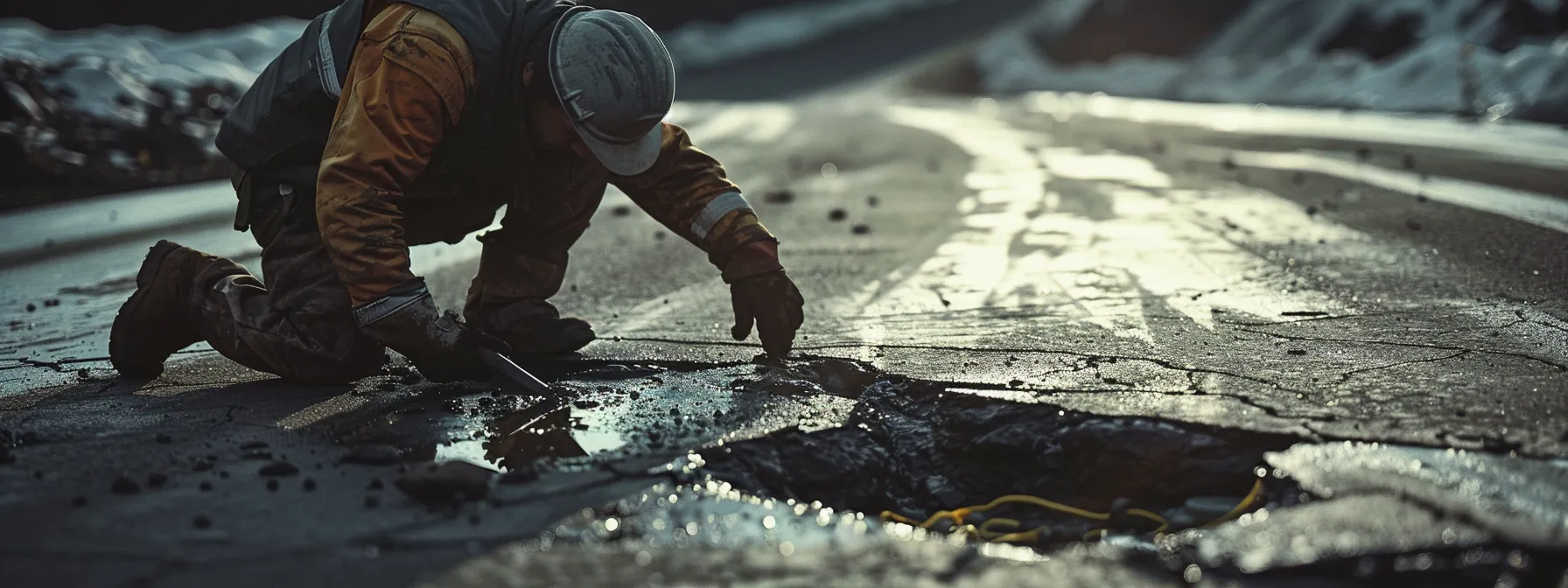a worker carefully sealing a small crack in the asphalt pavement with high-quality filler material. a worker carefully sealing a small crack in the asphalt pavement with high-quality filler material.