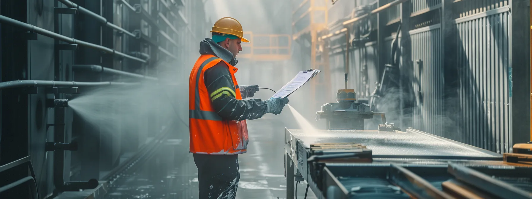 a worker in a safety vest inspecting the equipment with a checklist in hand at a commercial pressure washing operation site. a worker in a safety vest inspecting the equipment with a checklist in hand at a commercial pressure washing operation site.
