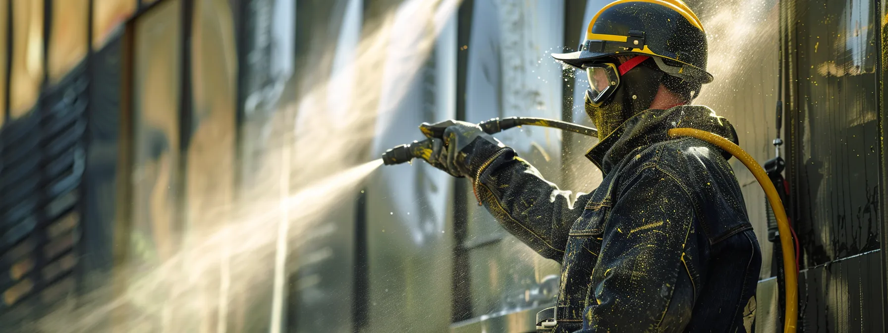 a worker in full safety gear, including eye protection and gloves, diligently pressure washing a commercial building, showcasing a commitment to osha compliance and worker safety. a worker in full safety gear, including eye protection and gloves, diligently pressure washing a commercial building, showcasing a commitment to osha compliance and worker safety.