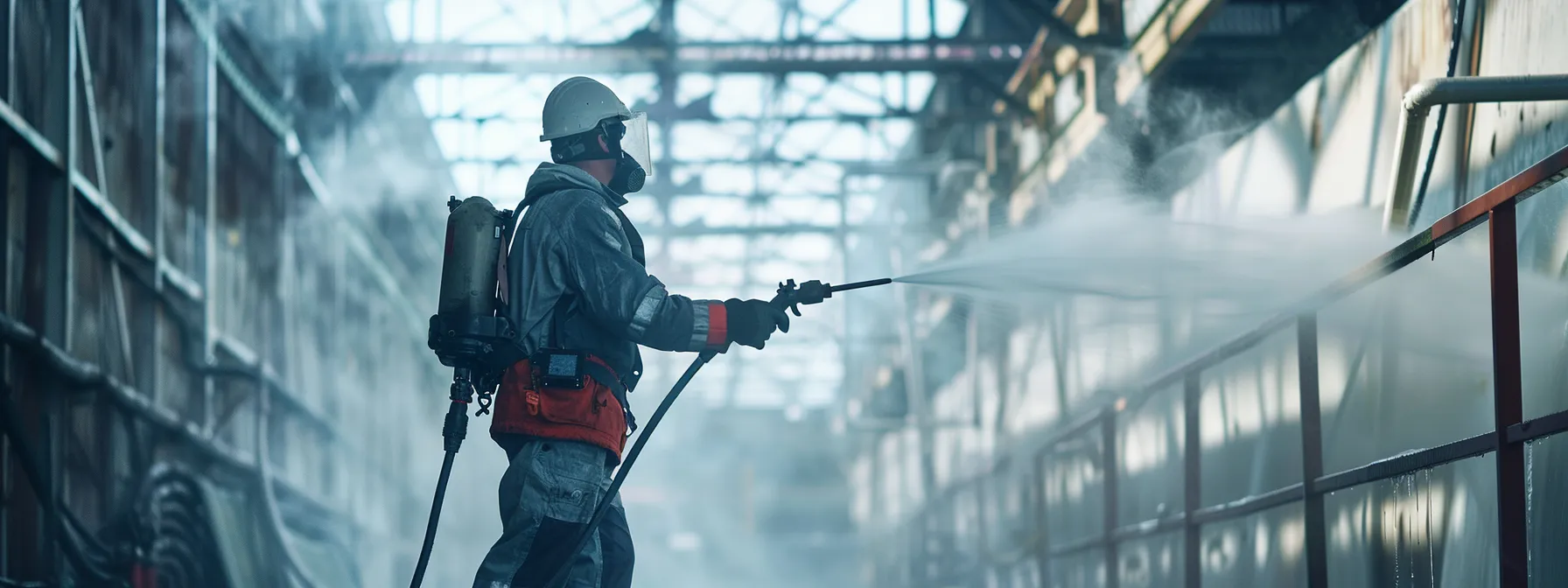a worker wearing protective gear and following osha guidelines while pressure washing a large industrial structure. a worker wearing protective gear and following osha guidelines while pressure washing a large industrial structure.