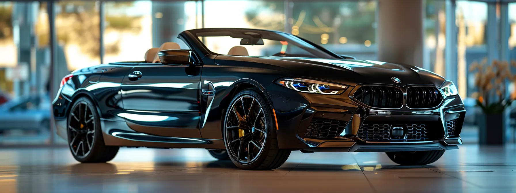 a sleek bmw convertible gleaming under the bright lights of an upscale dealership showroom in indianapolis.