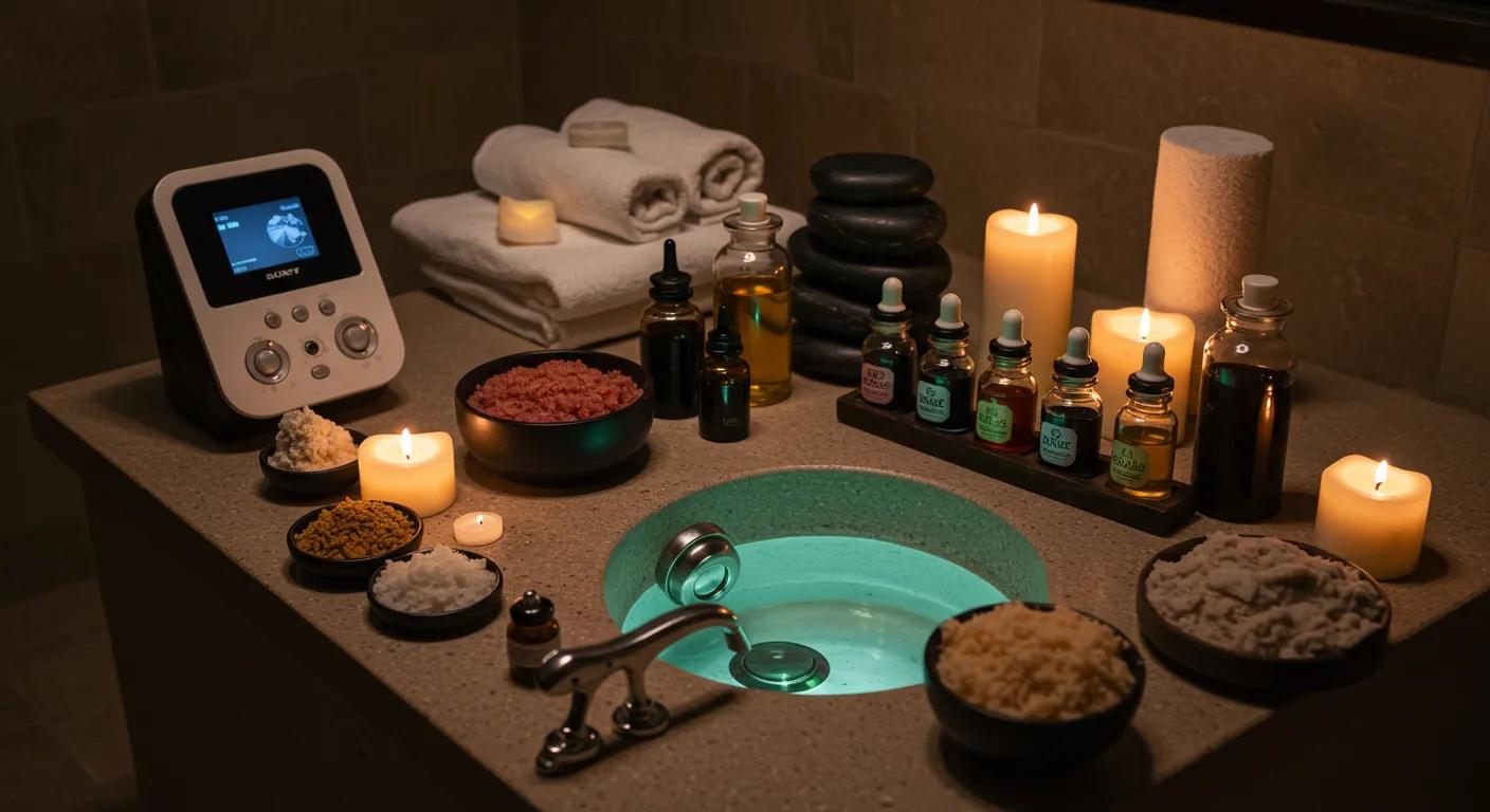 a luxurious indoor foot spa setup featuring an array of vibrant natural oils and scrubs artfully arranged alongside cutting-edge spa equipment, all illuminated by soft, ambient lighting that conveys an atmosphere of ultimate relaxation and rejuvenation. a luxurious indoor foot spa setup featuring an array of vibrant natural oils and scrubs artfully arranged alongside cutting-edge spa equipment, all illuminated by soft, ambient lighting that conveys an atmosphere of ultimate relaxation and rejuvenation.