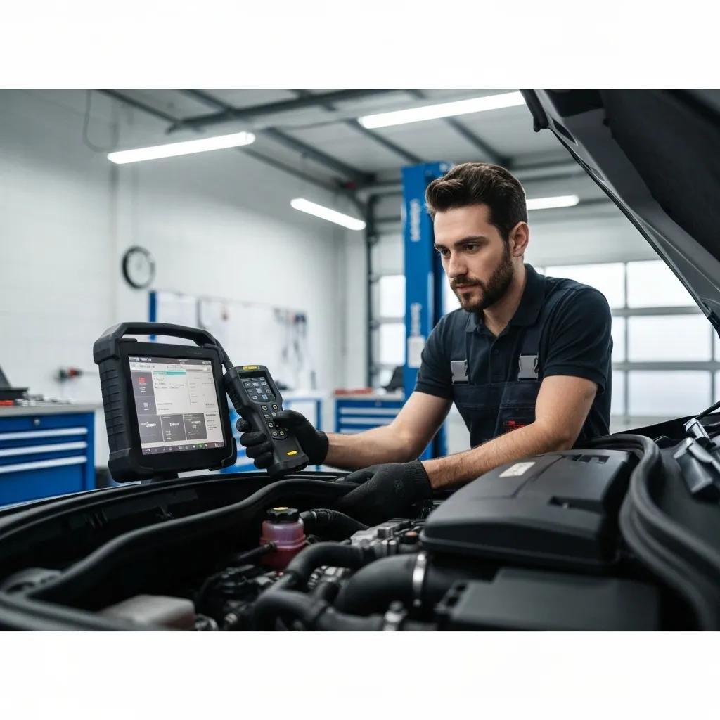 Mechanic using advanced diagnostic equipment on a car engine, showcasing modern automotive repair technology