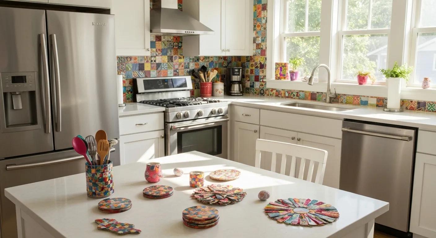 Colorful DIY projects made from vinyl flooring offcuts in a bright kitchen