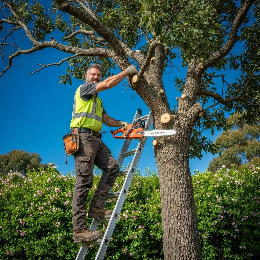 Professional arborist in Camira performing tree care with safety equipment and lush greenery