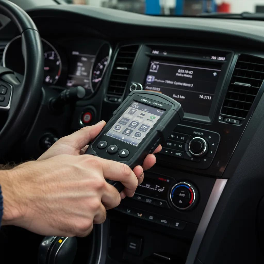 Mechanic using an OBD-II scanner on a car's dashboard, illustrating the engine diagnostics process
