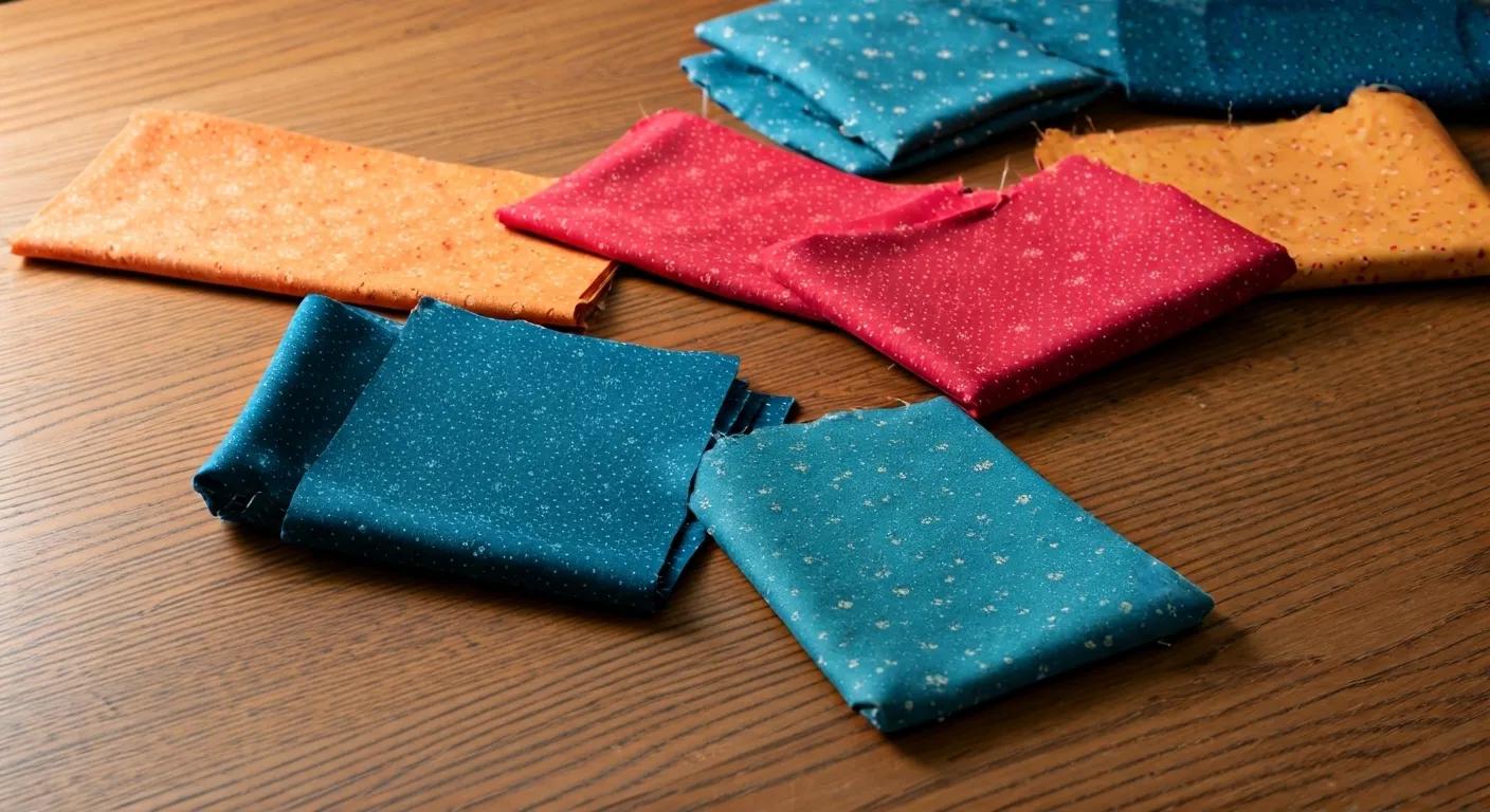 Colorful quilting fabric panels showcasing intricate patterns and textures on a wooden table