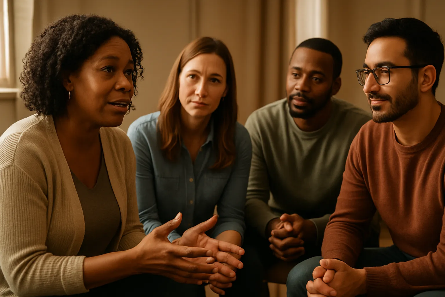 A diverse group of individuals engaged in a supportive group therapy session, with warm lighting emphasizing connection and community. This image illustrates the importance of peer support and shared healing in addiction recovery programs. A diverse group of individuals engaged in a supportive group therapy session, with warm lighting emphasizing connection and community. This image illustrates the importance of peer support and shared healing in addiction recovery programs.
