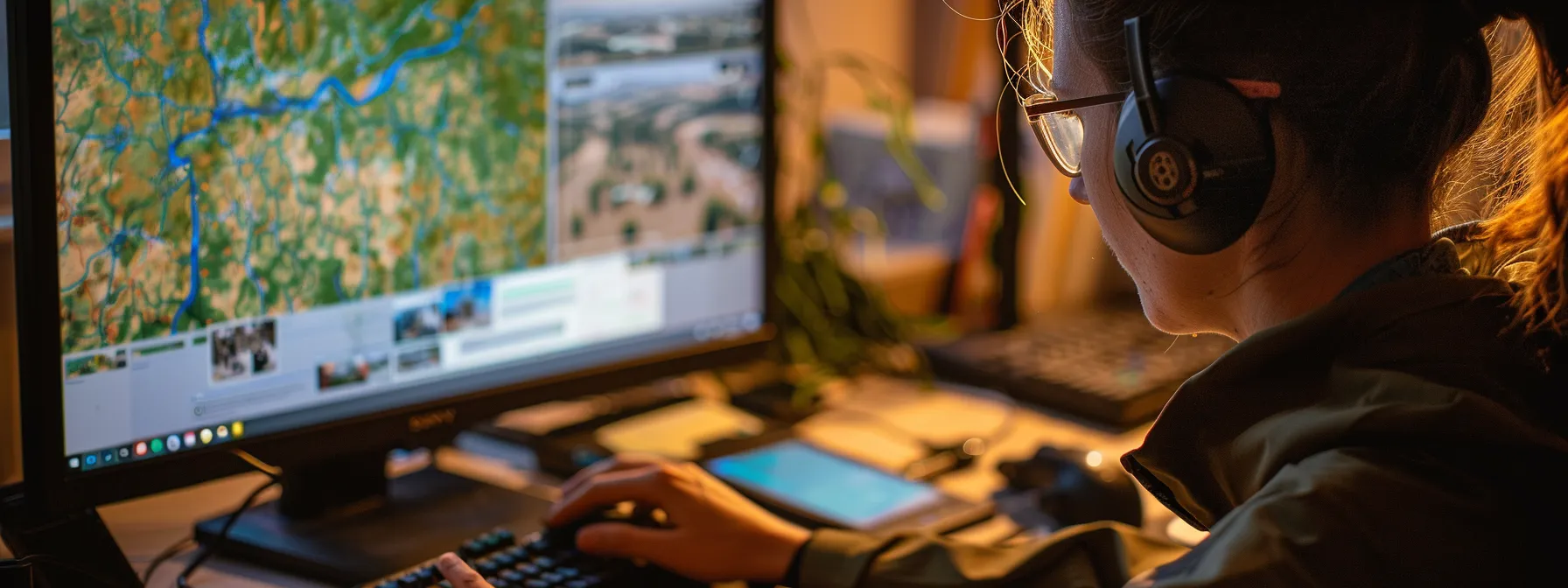 a person examining a flood map on a computer screen.