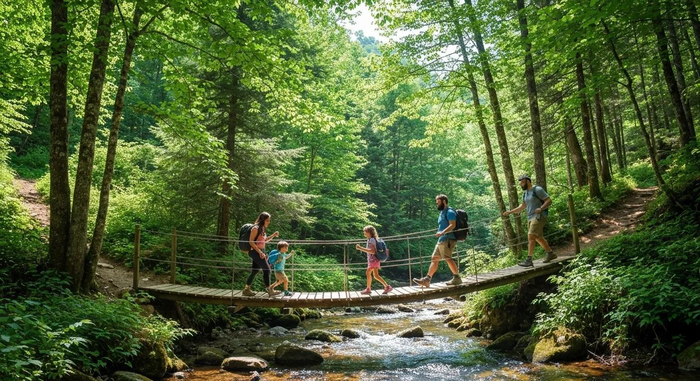 Family crossing a swinging bridge on a moderate hiking trail in Blue Ridge Family crossing a swinging bridge on a moderate hiking trail in Blue Ridge