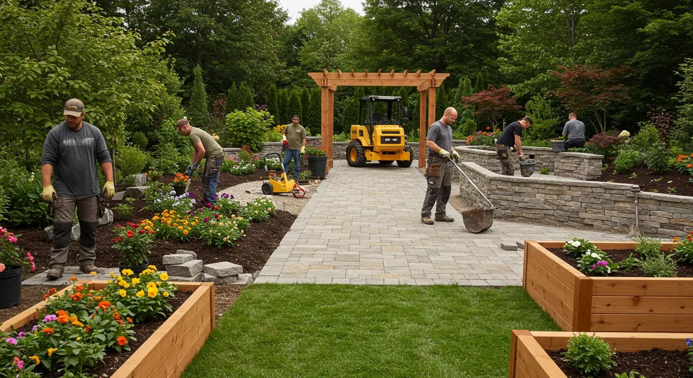 Landscapers working on various outdoor projects including planting and hardscaping
