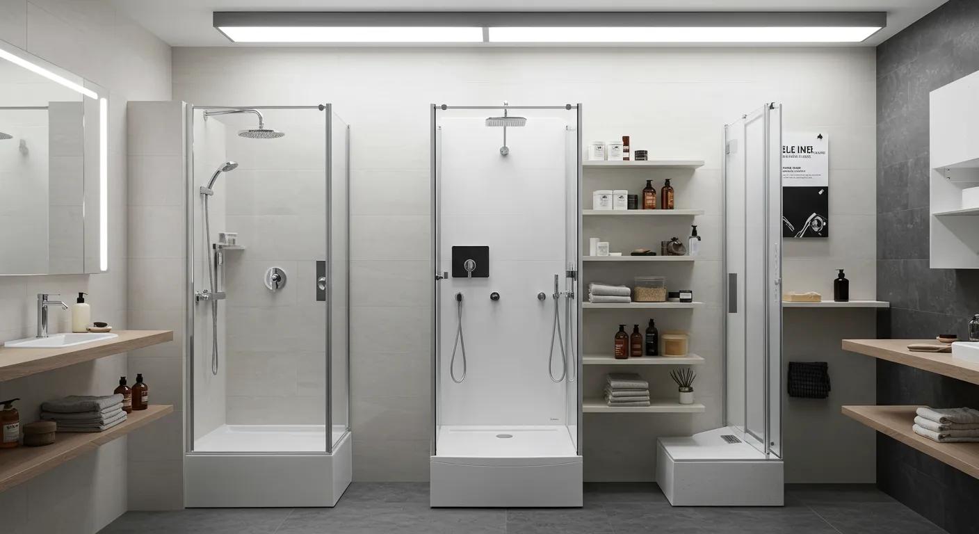 a sleek, modern bathroom displays an array of stylish, affordable stand-up shower kits on elegant shelving, highlighting their appealing design and functionality under bright, focused lighting.