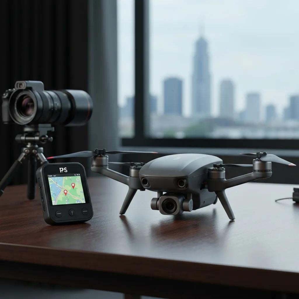 Advanced surveillance equipment including a drone and GPS tracker, showcasing the cutting-edge technology employed by our private detectives