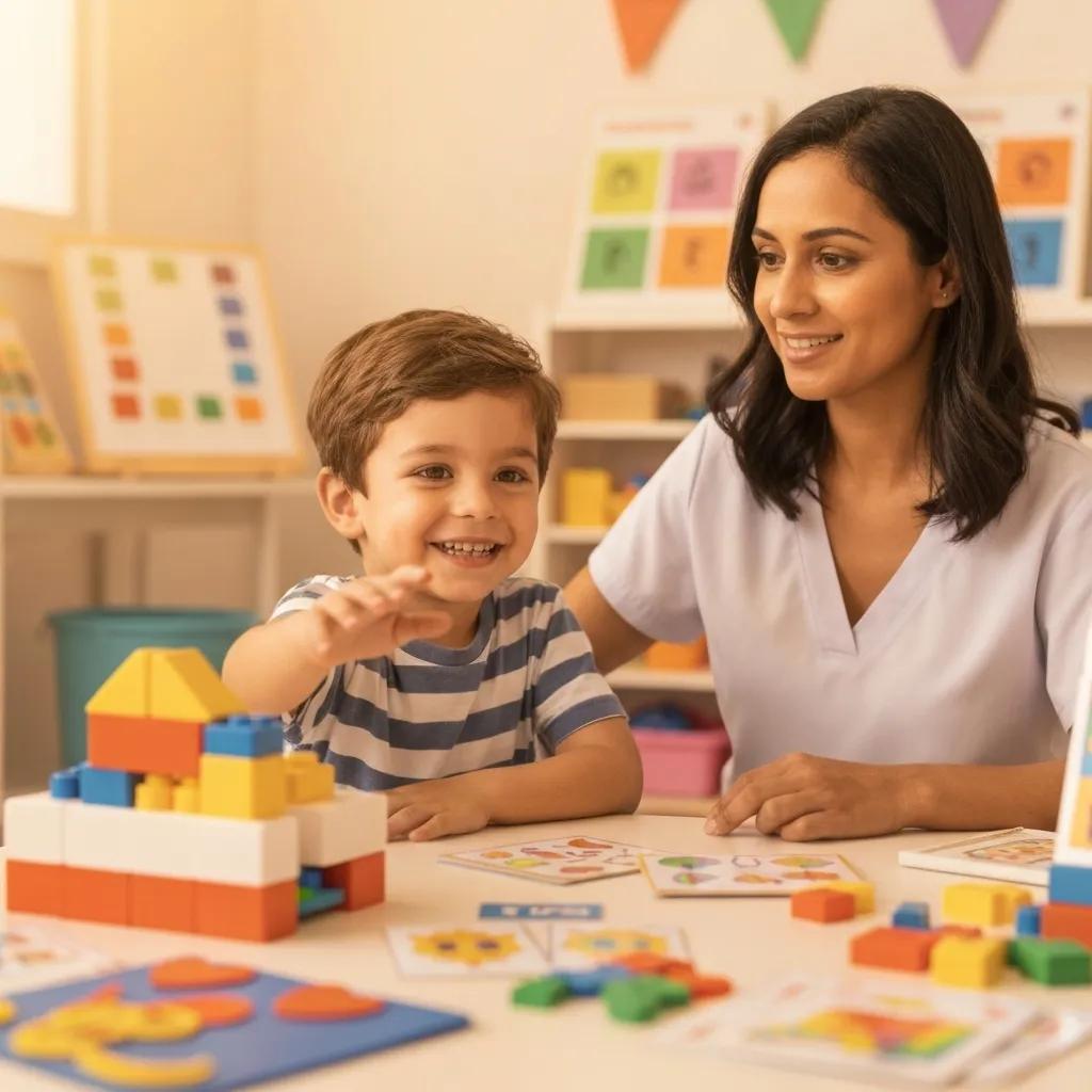 Child with autism participating in ABA therapy with a therapist in a colorful educational setting
