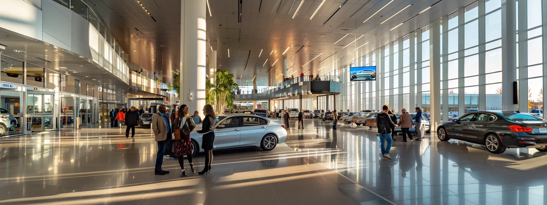 a sleek, modern bmw dealership showroom with satisfied customers chatting with friendly sales staff, surrounded by high-end luxury cars on display.