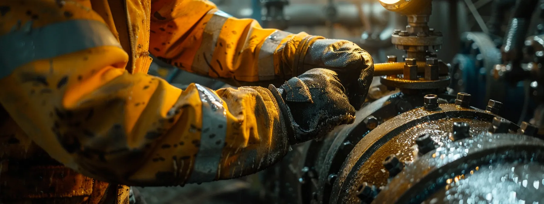 a person inspecting a steel bulkhead fitting and valve for wear or damage.