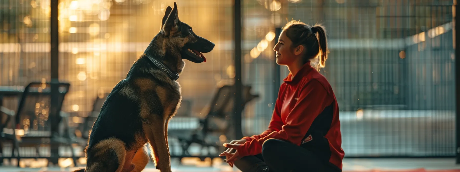 a trainer using positive reinforcement with a dog in a focused session.