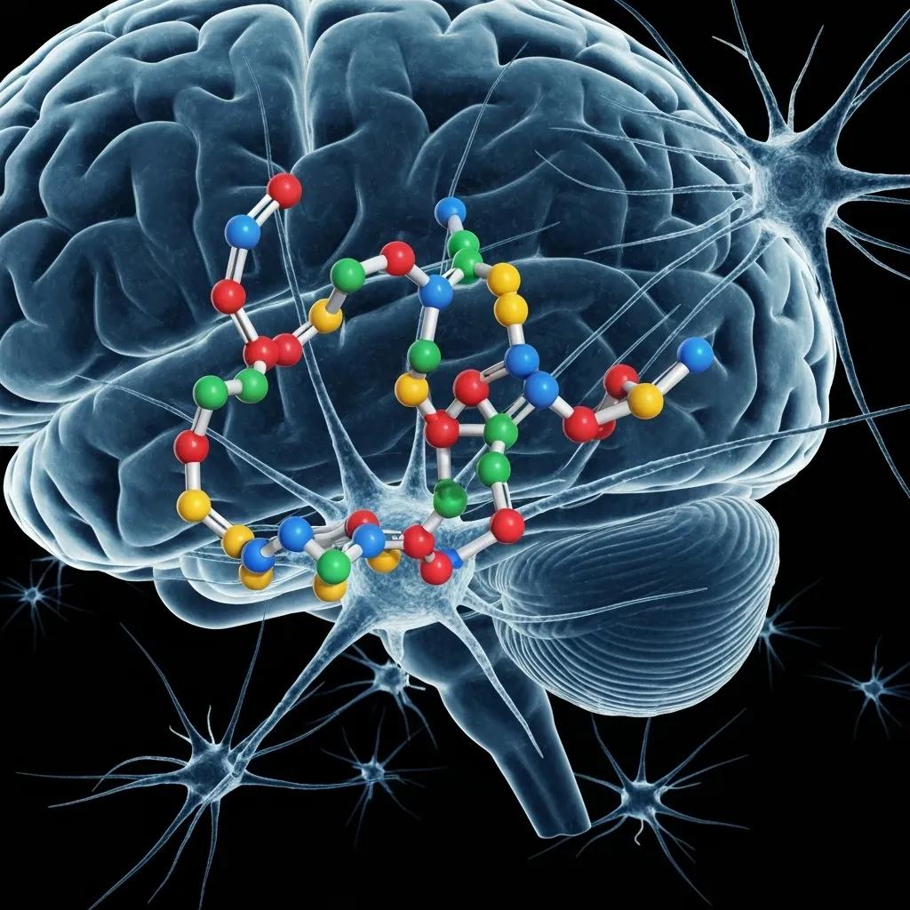 Molecular structure of Semax peptide with a background illustrating brain activity and cognitive enhancement