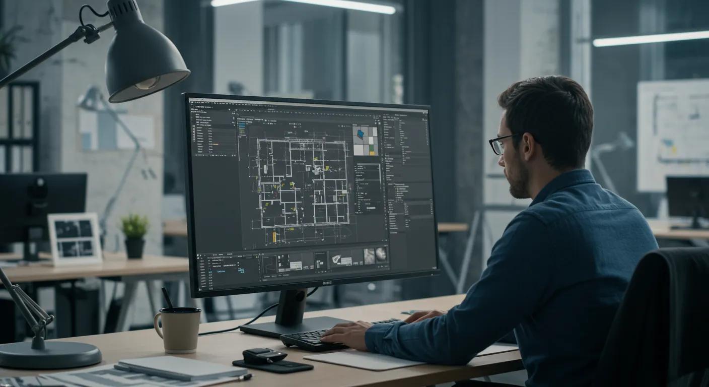 a sleek, modern office scene showcases a professional engaged in using advanced software on a large monitor to meticulously create and refine detailed, accurate floor plans, surrounded by digital tools and design elements that enhance the structured design process.