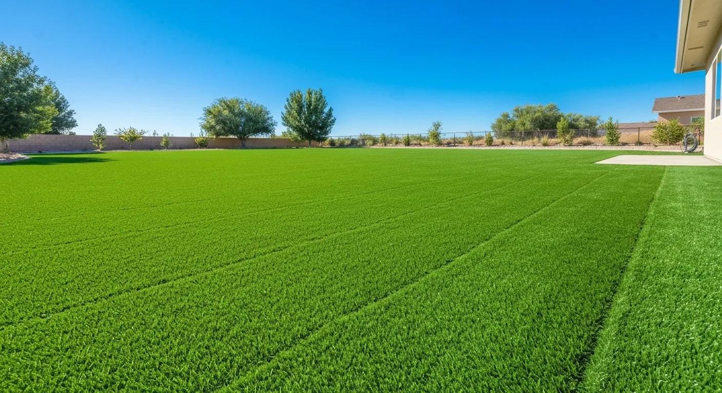Lush artificial turf lawn with a well-prepared base in a sunny backyard Lush artificial turf lawn with a well-prepared base in a sunny backyard