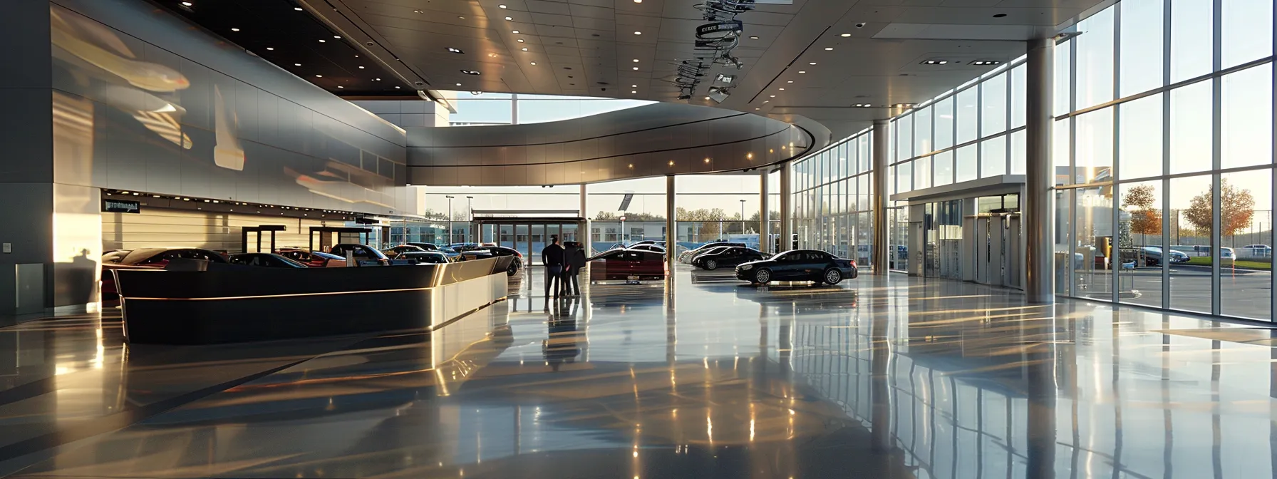 a sleek bmw dealership in indianapolis with modern design, luxury cars on display, and a helpful customer service representative assisting a potential buyer.