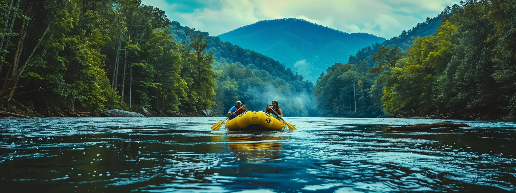 a vibrant scene of a rafting trip on the ocoee river with a waterproof camera capturing thrilling moments and binoculars spotting wildlife in the lush cherokee national forest.