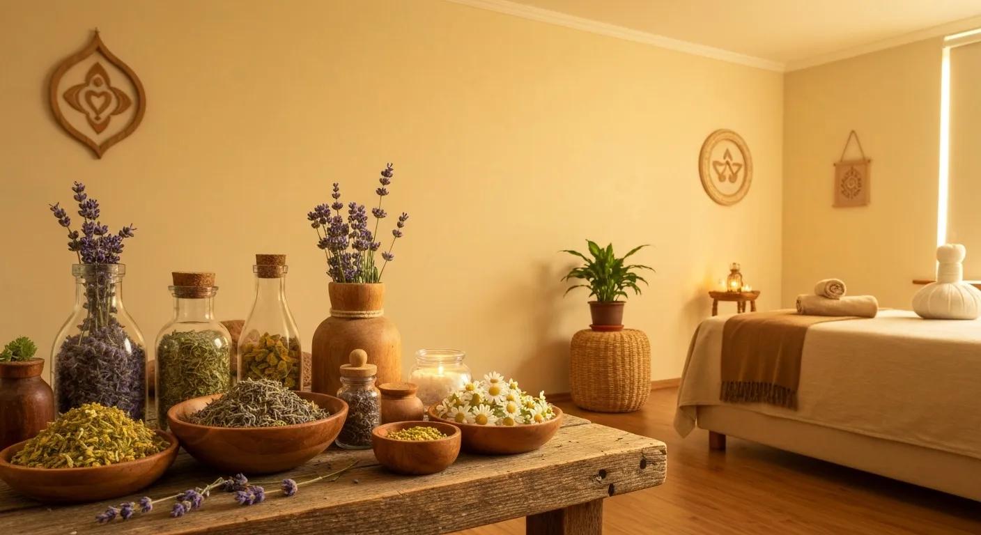 Ayurvedic therapy setting with herbal remedies and calming atmosphere for stress relief Ayurvedic therapy setting with herbal remedies and calming atmosphere for stress relief