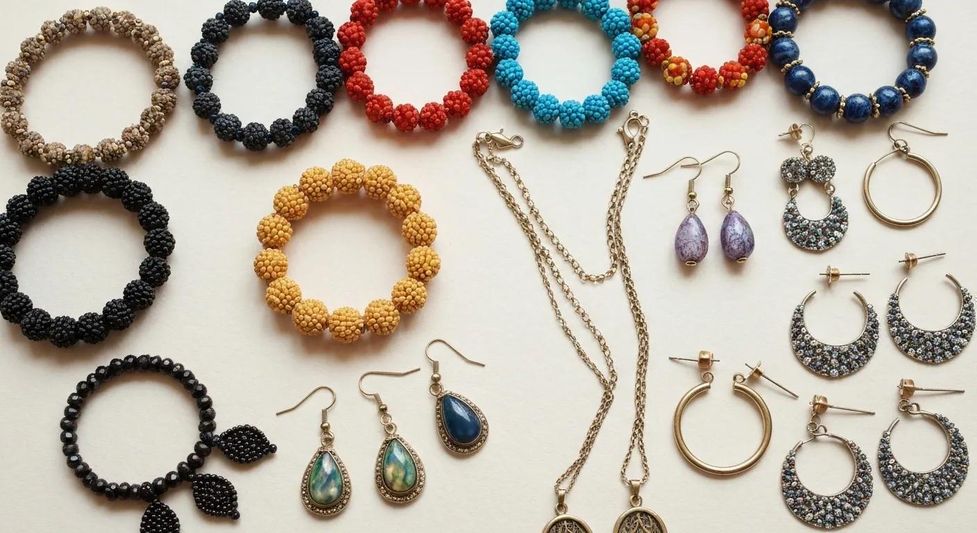 Close-up of popular handmade beaded jewelry types including bracelets, necklaces, and earrings