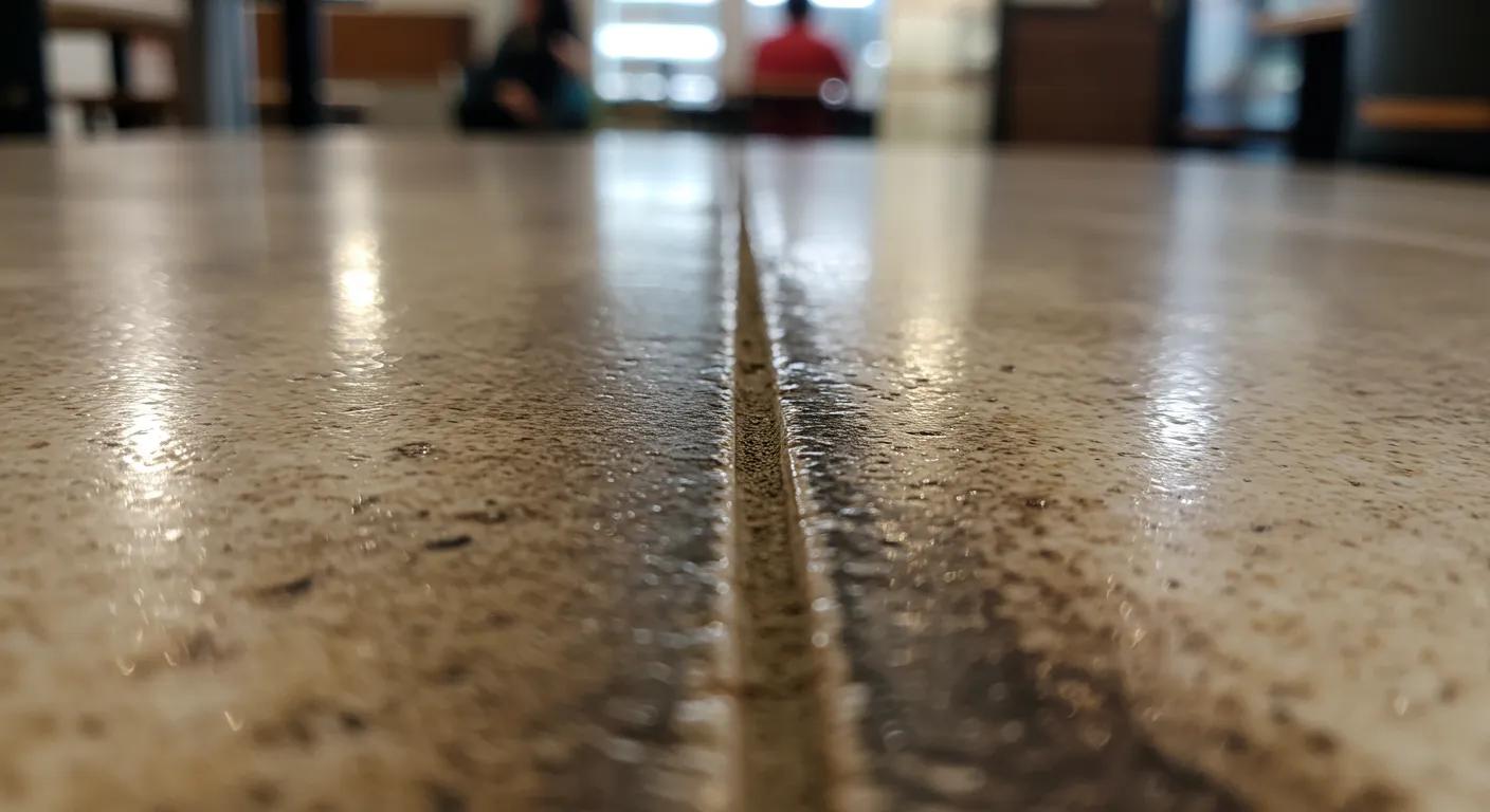 a close-up view of a grimy, discolored grout line in a bustling urban café, highlighting the accumulation of dirt and stains against polished tile surfaces, illuminated by bright overhead lights to emphasize the contrast between cleanliness and grime.