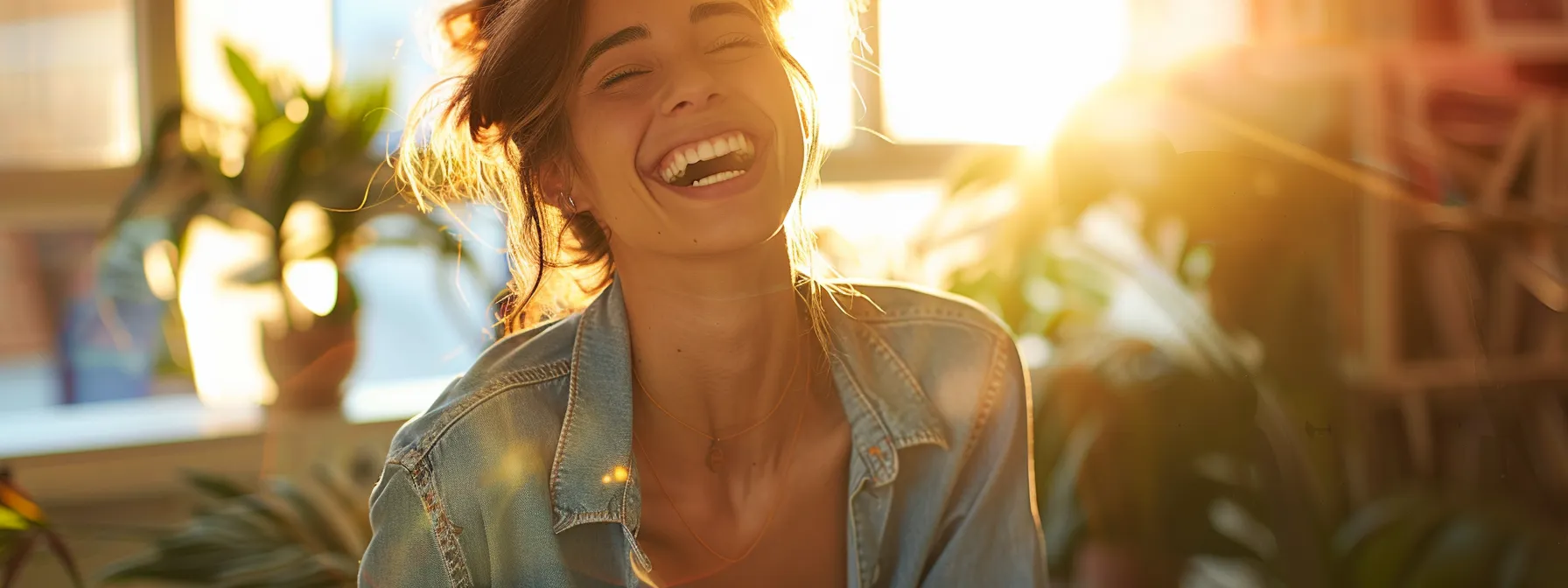 a woman smiling happily while effortlessly fitting into a smaller pair of jeans.