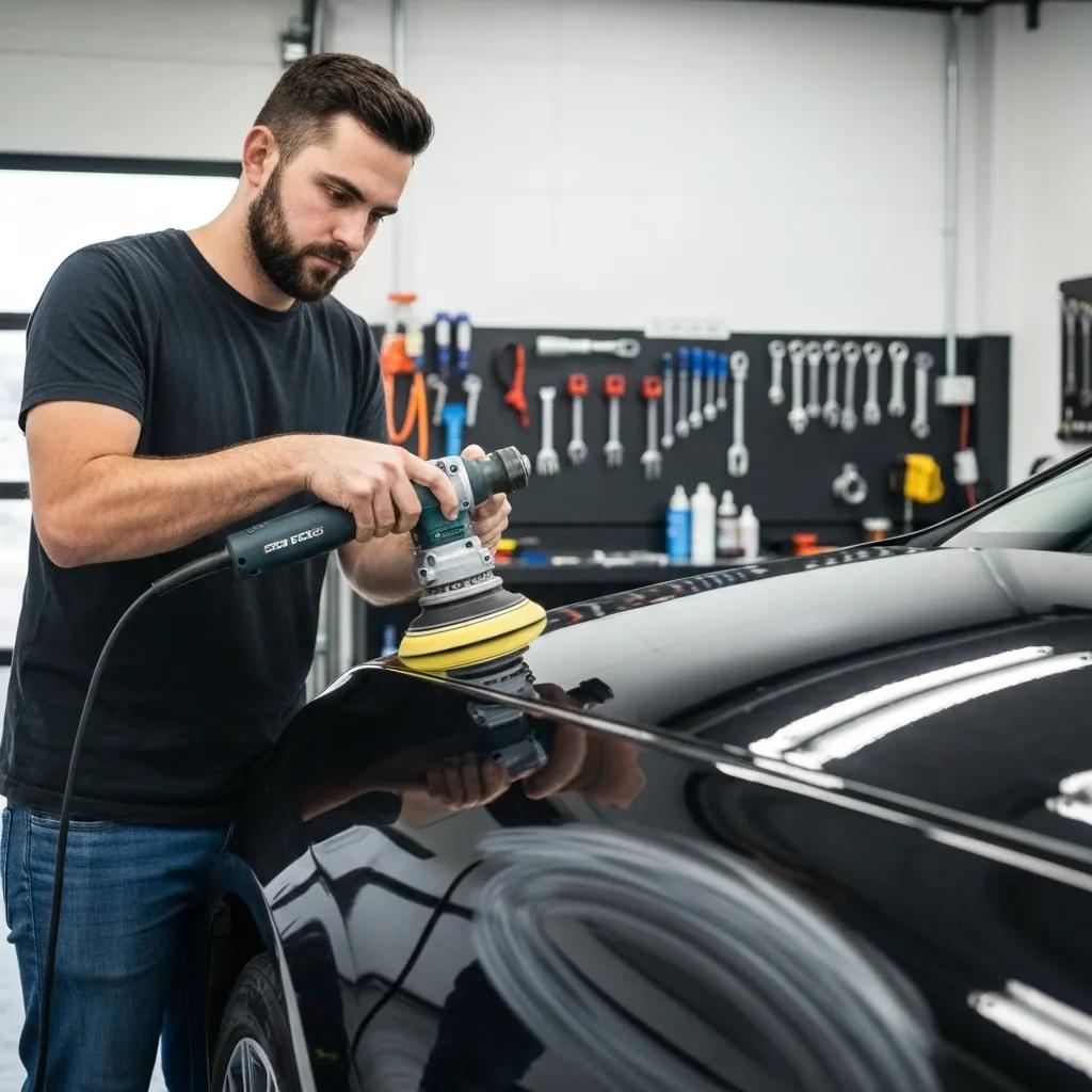 Person using a dual-action polisher for mechanical removal of Rain-X Ceramic Coating