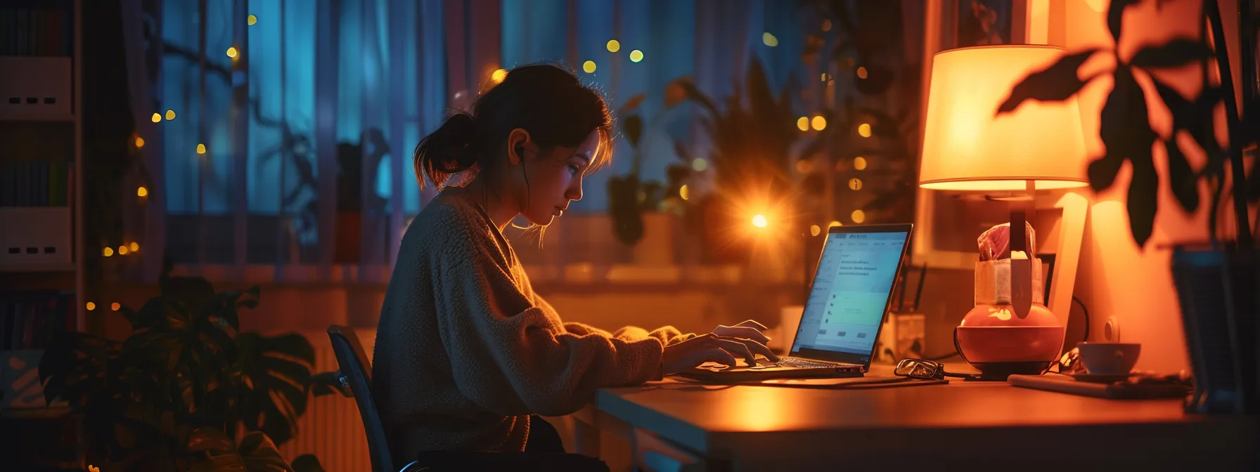 a person sitting at a desk with a laptop, scrolling through their phone late at night.