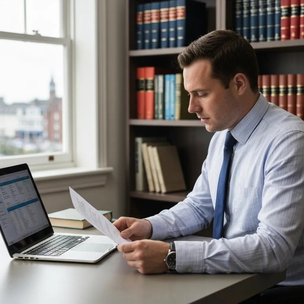 Private investigator examining documents in a Plymouth office, showcasing professionalism and local expertise