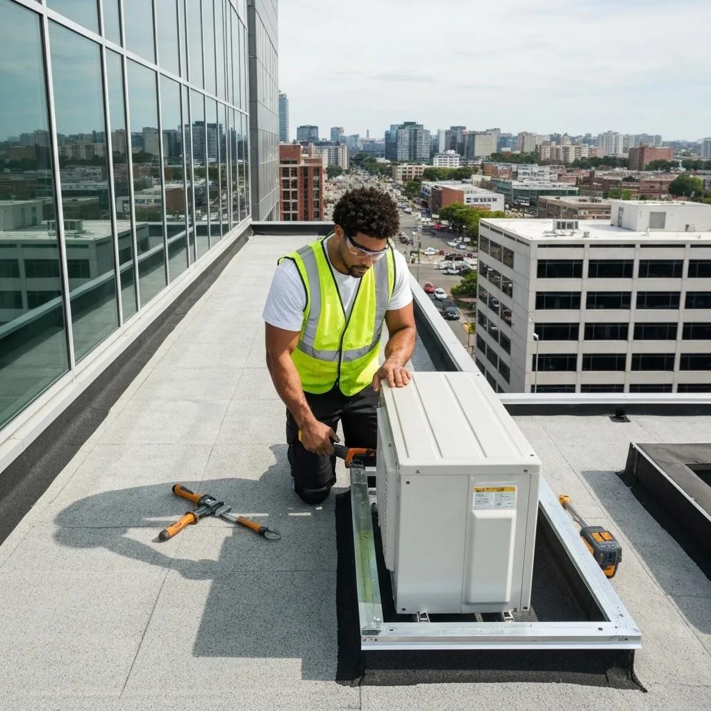 Technician installing a commercial air source heat pump on a rooftop in an urban setting