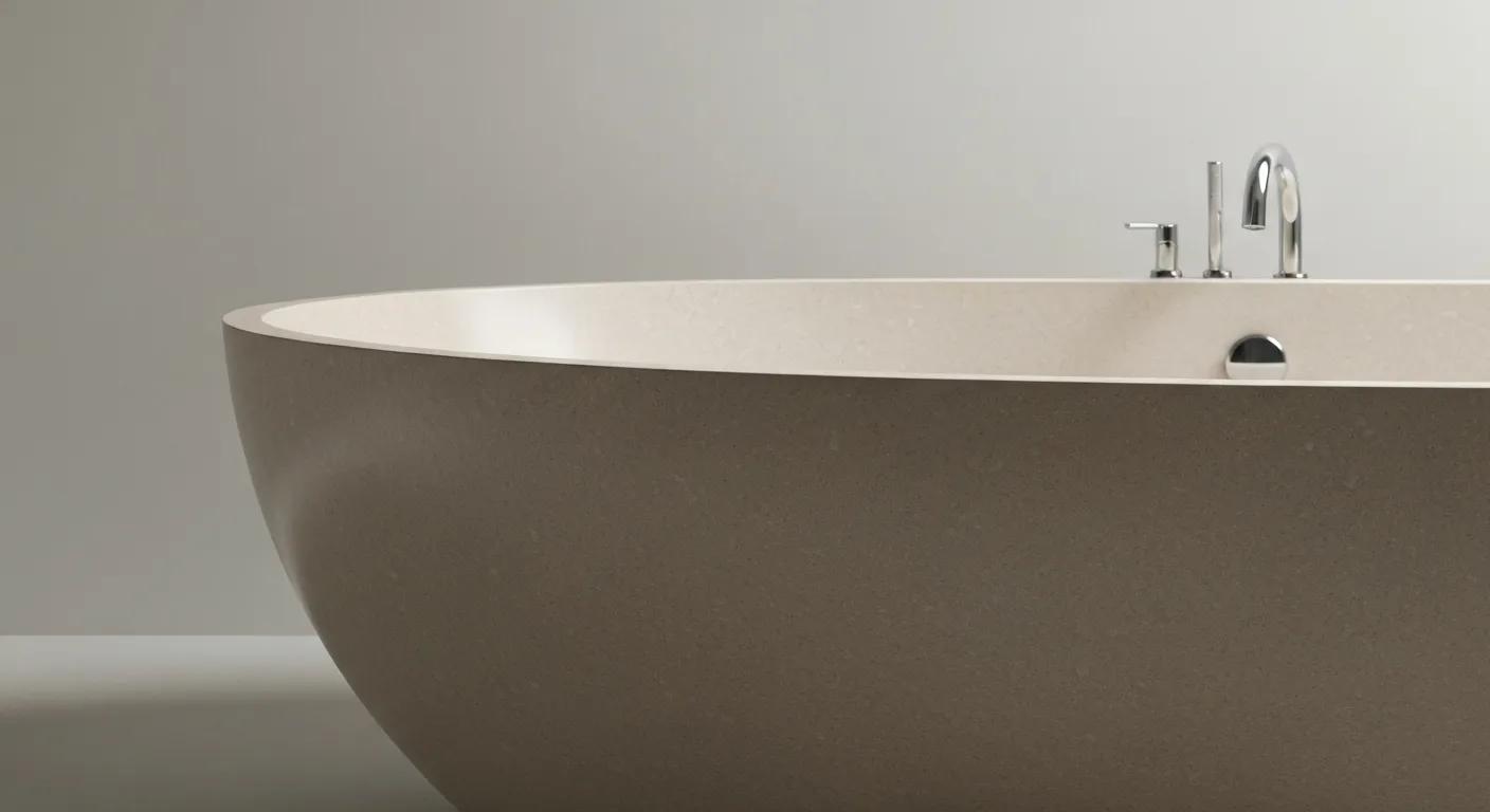 Close-up of a Pietra Bianca freestanding bath, highlighting its durable composite stone surface and luxurious design