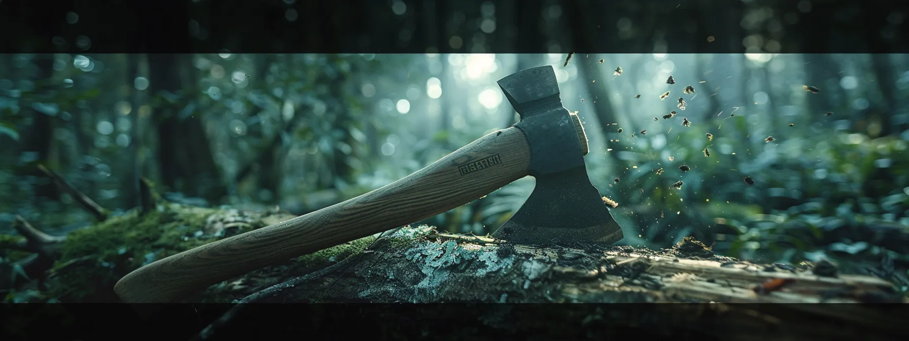 a sturdy, sharp fiskars axe splitting a thick log with ease in a dense forest setting.