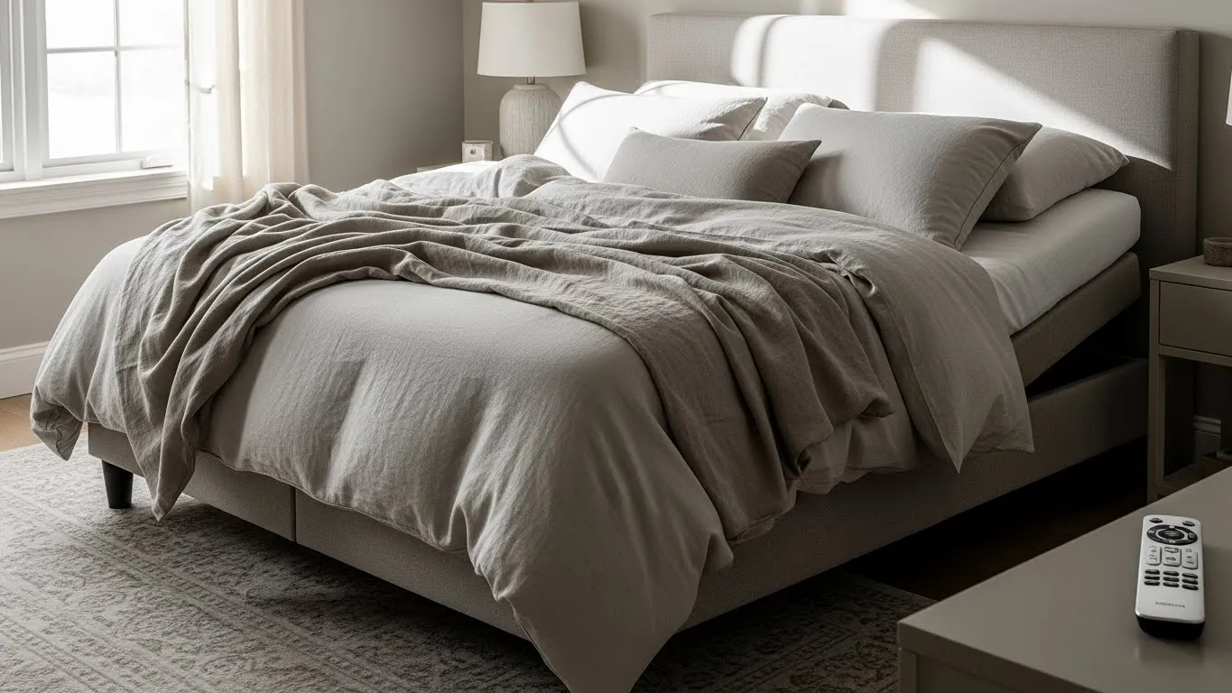 Cozy bedroom featuring an adjustable bed with a soft, layered blanket, decorative pillows, and a bedside table with a remote control, emphasizing comfort and sleep quality.