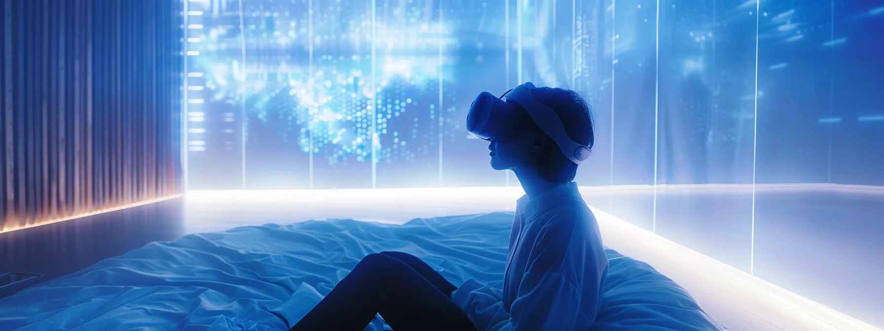 a person wearing a vr headset in a calming virtual environment, surrounded by ai technology analyzing health data.