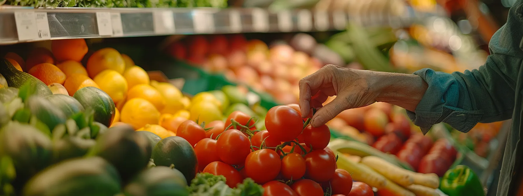 a person selecting a variety of colorful fruits and vegetables at a wellness center.