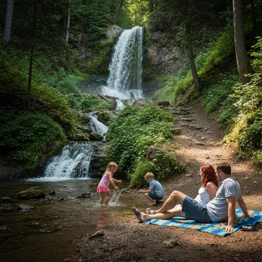 Family enjoying a picnic near a waterfall, highlighting family-friendly hiking experiences Family enjoying a picnic near a waterfall, highlighting family-friendly hiking experiences