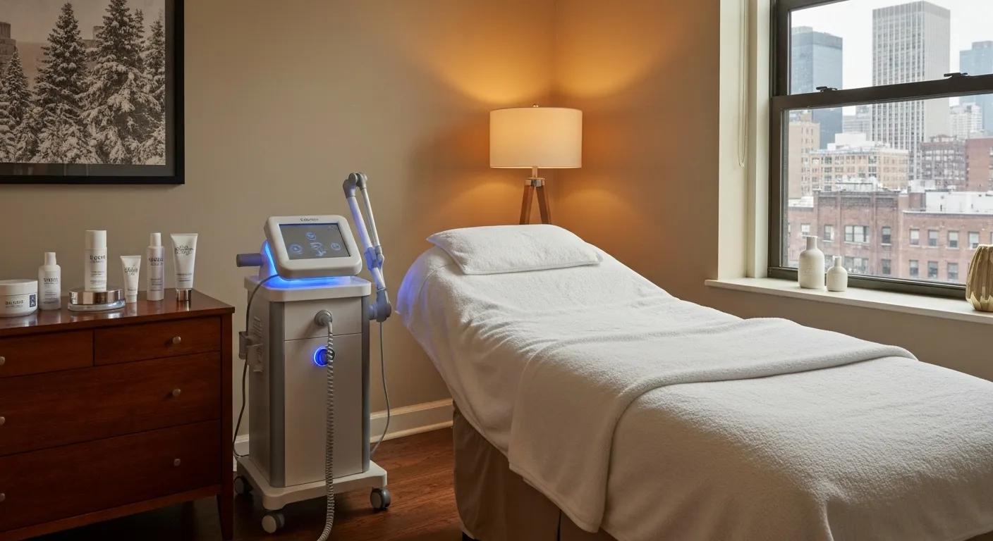 A serene spa treatment room in Brooklyn, bathed in soft light, showcasing a luxurious winter facial setup for achieving radiant skin.