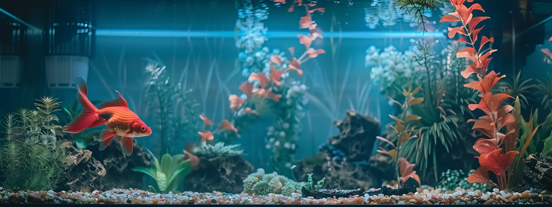 a spacious, well-decorated aquarium with crystal clear water and vibrant lighting, providing a perfect home for a long red strand goldfish.